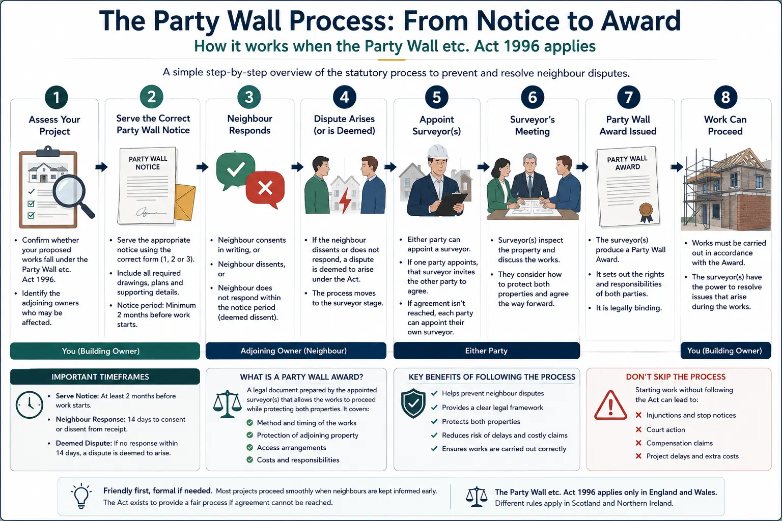 Do I Need a Party Wall Agreement? An infographic showing the party wall process from notice to award in a very interactive way for the citizens living in Watford, UK
