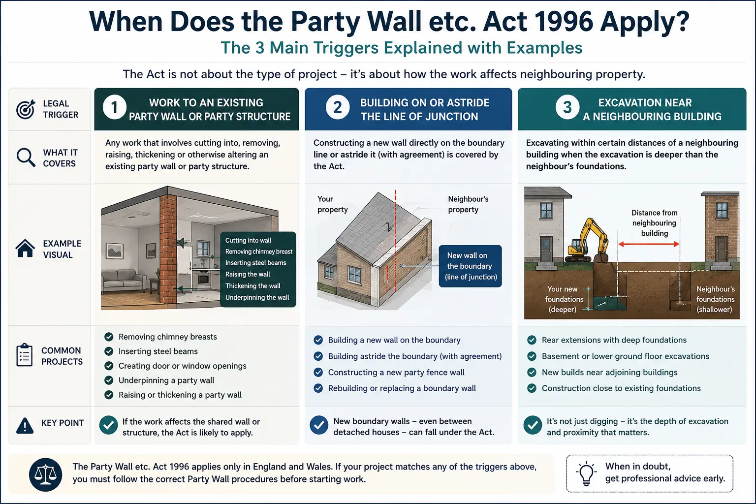 Do I Need a Party Wall Agreement? An infographic showing when does the party wall etc act 1996 apply like excavation, junction, painting, in Watford, UK